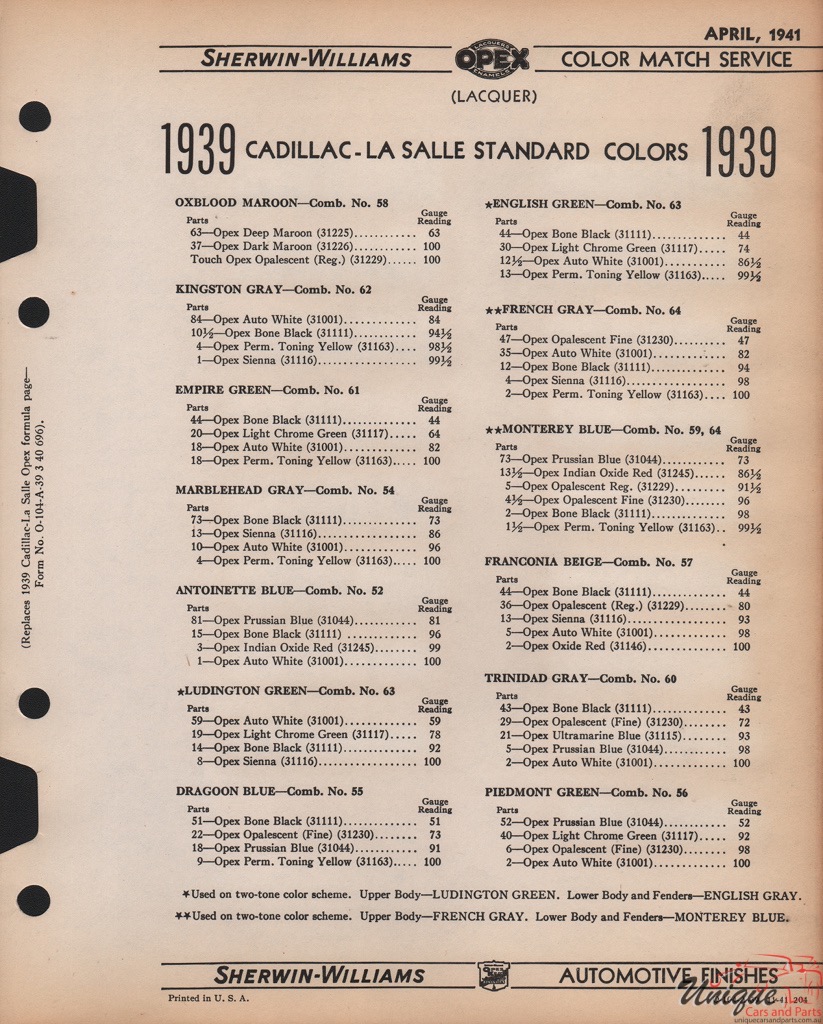 1939 Cadillac Paint Charts Williams 2
